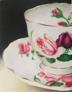 This is a photo of a painting of a teacup with pink flowers.