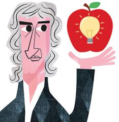 Illustration of Issac Newton holding an apple with a lightbulb inside it.