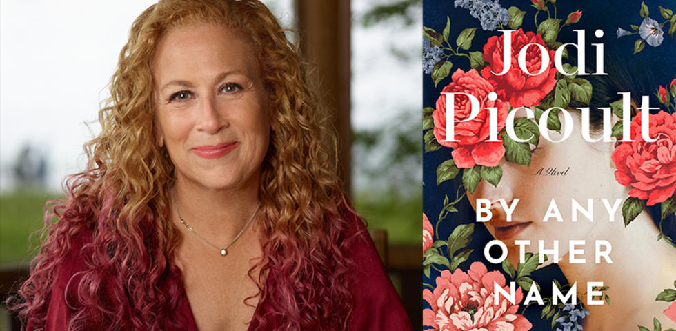 Jodi Picoult ’87 with the cover of her book, By Any Other Name, which has a painting of a woman's face with roses over her eyes.