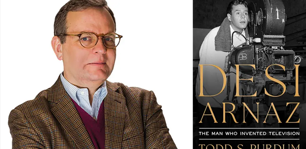 Todd Purdum ’82 Penned a Biography of Television Visionary Desi Arnaz Todd Purdum ’82 and the cover of his book about Desi Arnaz, pictured with an early film camera.