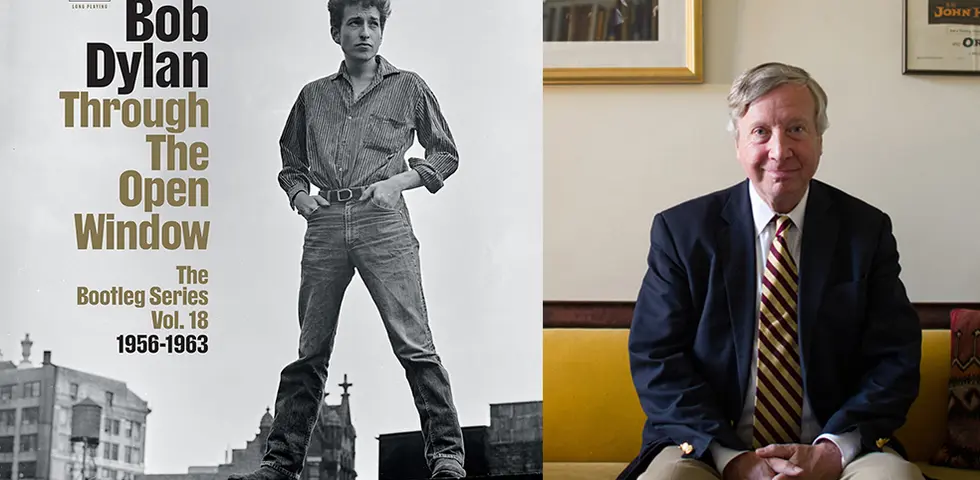 Left, Sean Wilentz; right, an album cover featuring a black and white photo of a young Bob Dylan with his hands on his hips.