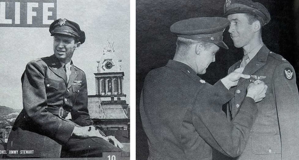 (Left) “Life” saluted Stewart’s return to his hometown of Indiana in 1945, after wartime service as a bomber pilot. (Right) Stewart receiving the Distinguished Flying Cross.