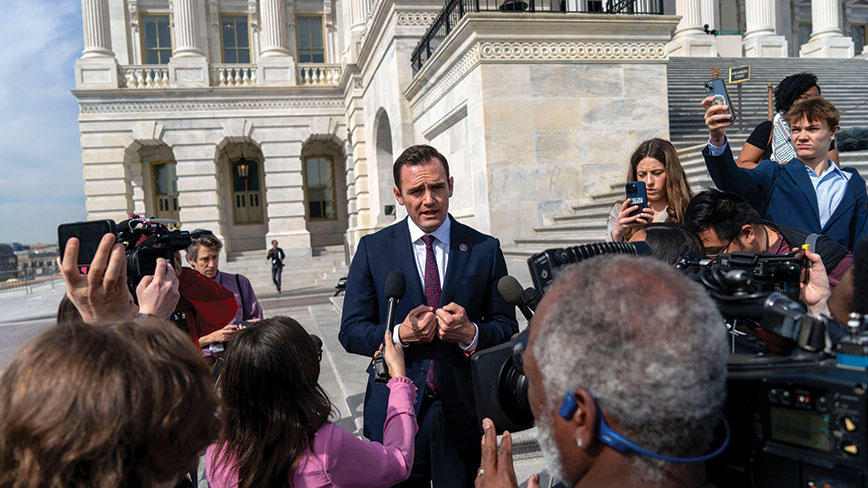 Mike Gallgher ’05 speaking outside Congress