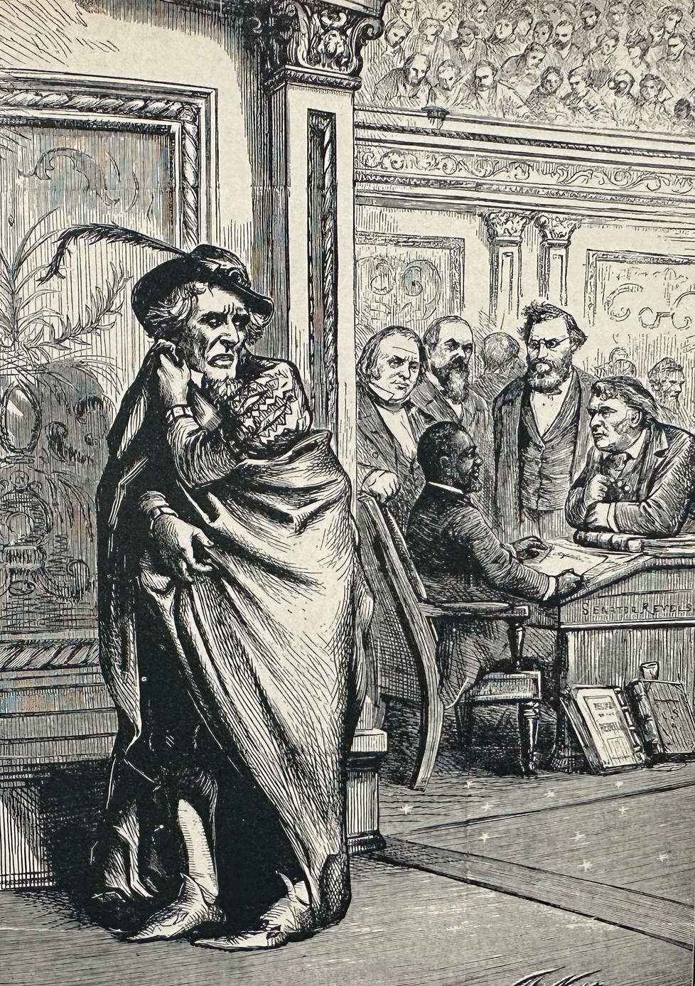 “TIME WORKS WONDERS.” The ghost of Jefferson Davis appears as Iago, brooding on the election of a Negro, Niram Rhoades Revels, to Davis’ old Mississippi seat in the U.S. Senate: “For that I do suspect the lusty Moor hath leap’d into my seat…” Around Revels’ desk, abolitionist fellow-Senators Henry Wilson (Mass.), Oliver Morton (Ind.), Carl Schurz (Mo.), Charles Sumner (Mass). 