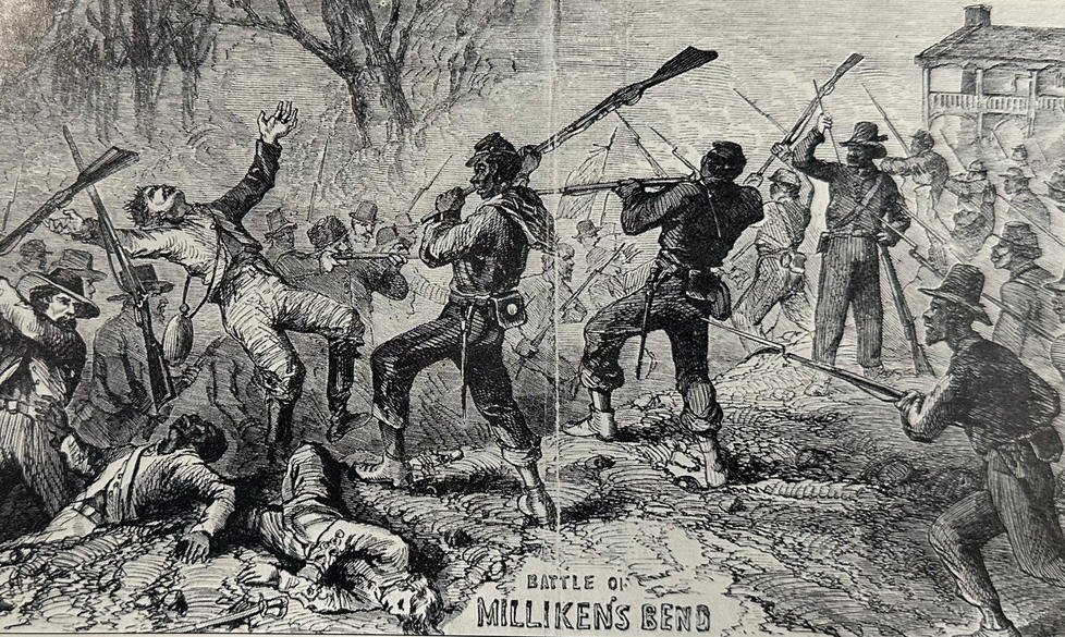 Black Union soldiers battling Confederates at Milliken’s Bend, Louisiana, in June 1863, as part of Grant’s Vicksburg campaign.