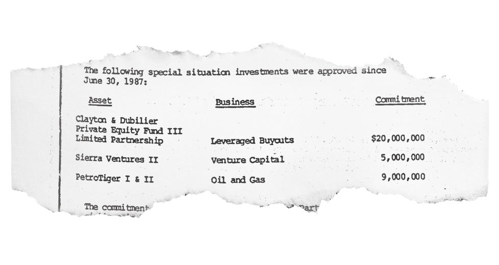 Minutes from a Board of Trustees meeting on Oct. 24, 1987, show an investment of $9 million in PetroTiger I and II. 