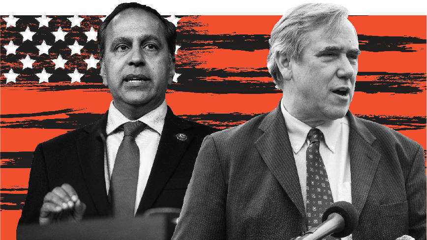 Graphic photo of Raja Krishnamoorthi ’95 and Jeff Merkley *82