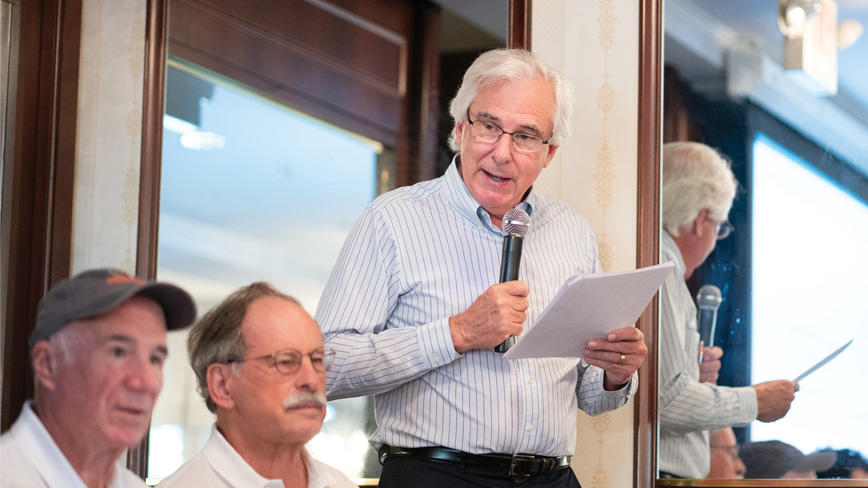 Princetonians for Free Speech members Todd Rulon-Miller ’73, left, Stuart Taylor Jr. ’70, and Edward Yingling ’70 speak at an event during Reunions in 2023.