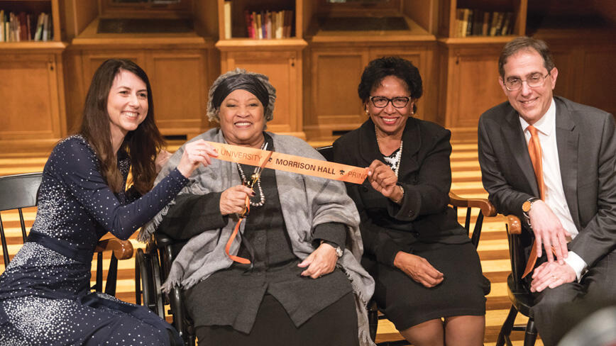 From left, MacKenzie Scott ’92, Toni Morrison, former Princeton administrator Ruth Simmons, and Princeton President Christopher Eisgruber ’83 celebrate the naming of Morrison Hall in November 2017