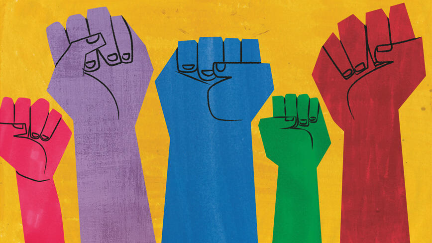 RESEARCH_Reena Goldthree sidebar.jpg Multi-colored fists raised in resistance on a yellow background