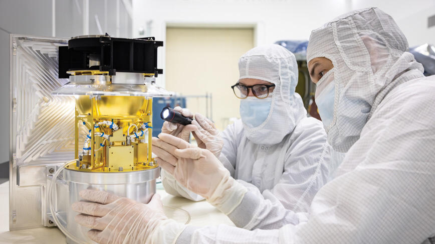 Technicians perform tests on the Solar Wind and Pickup Ions (SWAPI) instrument, which was designed and built in Princeton’s Space Physics lab. SWAPI collects and counts particles from the solar wind flowing from the sun and particles that have entered the heliosphere from outside the solar system and traveled where IMAP orbits near Earth.