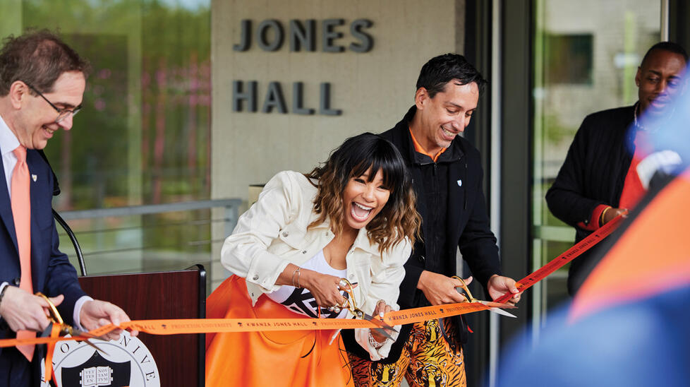 From left, President Christopher Eisgruber &rsquo;83, Kwanza Jones &rsquo;93, and Jos&eacute; E. Feliciano &rsquo;94 at the 2023 ribbon-cutting for the dorms that bear the latter two&rsquo;s names.