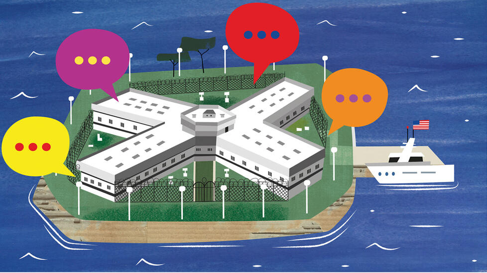 Illustration of Rikers Island with rainbow colored speech bubbles coming out of the windows