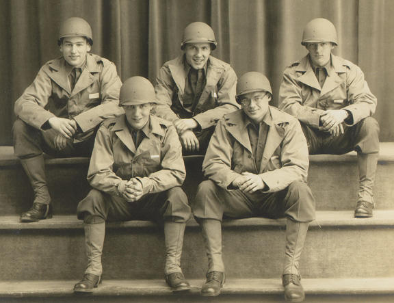 Members of the Princeton ROTC program in 1944. Front row, left to right, are Gelly Hinds '44 and Hamilton Caruthers '44. In the back row, from left, are an unidentified student, Karl Harr '44, and Rock Semmes '44. 