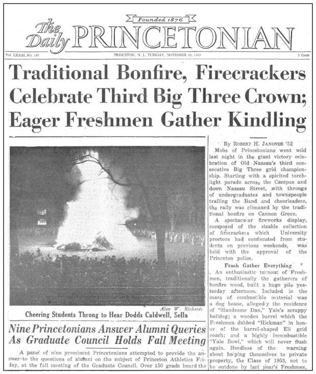 Front-page coverage of the Big Three bonfire in The Daily Princetonian Nov. 15, 1949