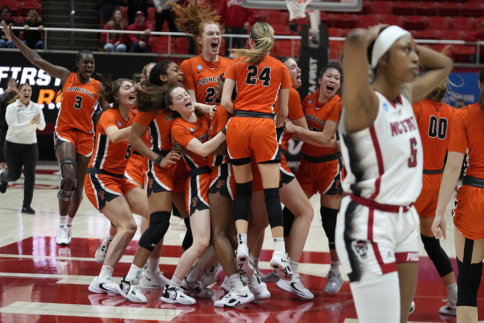 Princeton players celebrate their victory over North Carolina State.