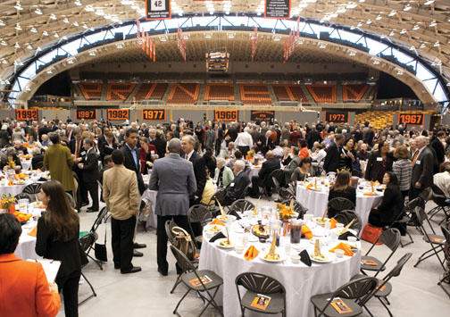 Alumni gather for lunch in Jadwin Gym.