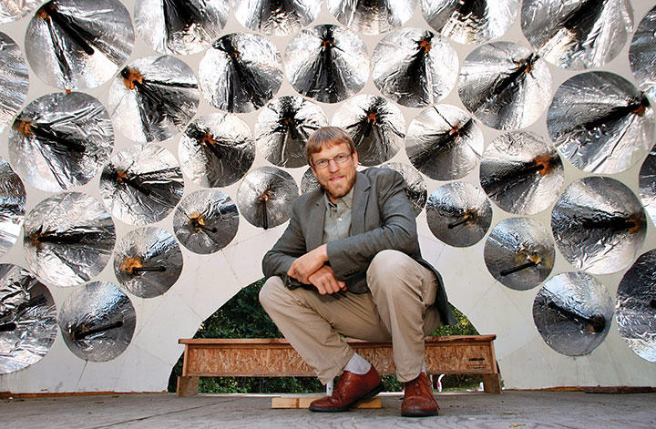 Professor Forrest Meggers in the Thermoheliodome, which kept people comfortable in the heat without air conditioning.