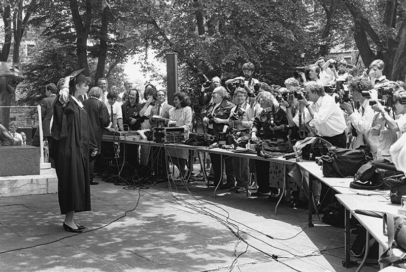 News media covering Shields’ graduation in 1987.