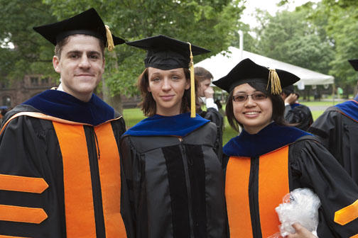 Ph.D. recipients Chris Olivola *09, psychology; Agatha Lenartowicz *08, psychology; and Stephanie Wei Wang *08, economics.