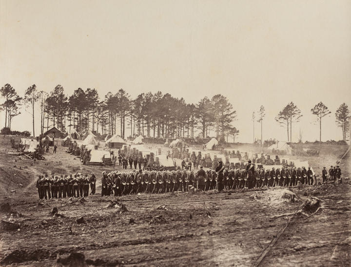 “Guard Mount Headquarters, Army of the Potomac”  — The 114th Regiment of Pennsylvania Volunteers, under the command of Captain Collis, chose to fight in the gaudy red uniforms of Zouaves, French soldiers in the north of Africa. Wrote Gardner: “The