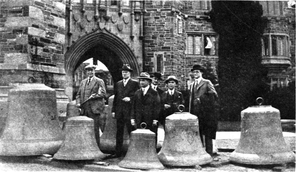  A photo from the May 27, 1927, issue of PAW shows members of the Class of 1892 with some of the carillon bells.