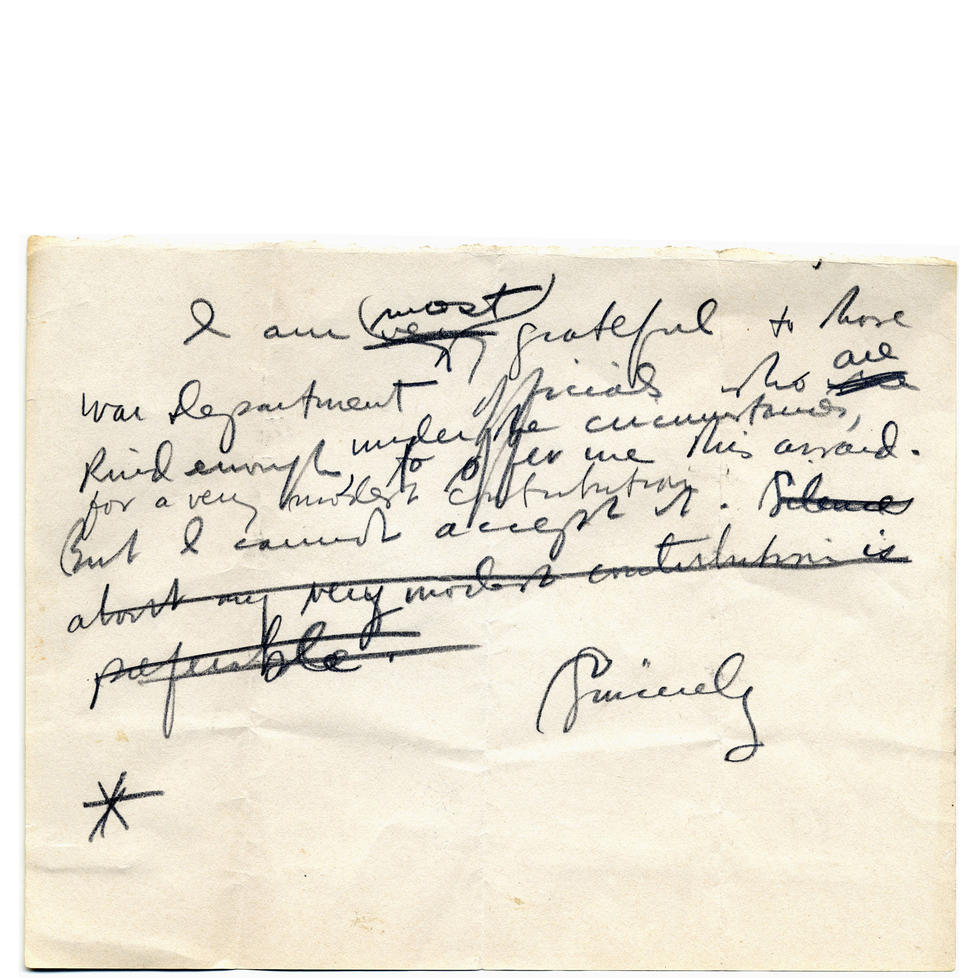 When Berg was selected to receive the Presidential Medal of Freedom, he declined the award. In this draft of his letter of refusal, he downplays his espionage work as a "very modest contribution."