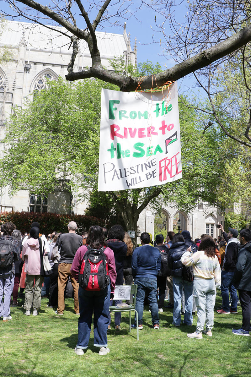 People stand under a banner hung in a tree in McCosh Courtyard reads, “From the River to the Sea, Palestine will be free.”