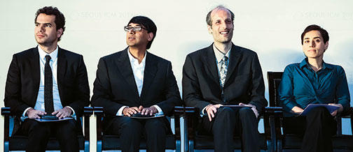 Bhargava, second from left, at the Fields Medal award ceremony Aug. 13 with co-winners, from left, Artur Avila, Martin Hairer, and Maryam Mirzakhani.