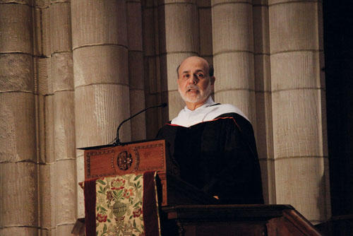 Federal Reserve chairman — and former Princeton professor — Ben Bernanke spoke at Baccalaureate, offering a humorous top-10 list with a serious message about service.