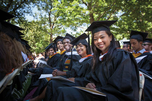 From right: Alison Lo ’13, Pritha Dasgupta ’13, Ricardo Brown ’13, Rohan Bansal ’13, and Vyas Ramasubramani ’13 wait for Commencement to begin.