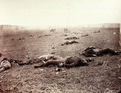 A Harvest of Death: Taken at Gettysburg on a “sunless morn” following the great battle, this photo elicited Gardner’s sermonizing: “Such a picture conveys a useful moral,” he wrote. “It shows the blank horror and reality of war, as opposed to 