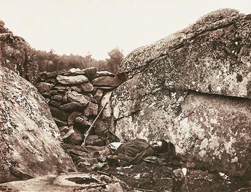 Home of a Rebel Sharpshooter, Gettysburg, July 1863: Gardner drew on his poetic instincts as he imagined the death of this “rebel sharpshooter”: “What visions, of loved ones far away, may have hovered over his stony pillow!” Recent scholarship has