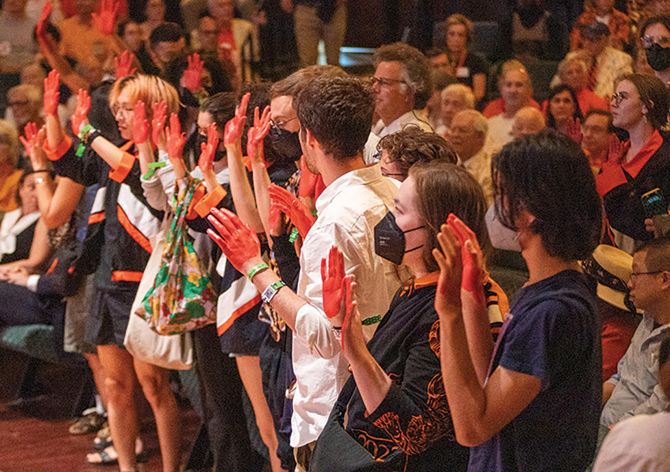 President Christopher Eisgruber ’83 conducts his annual Q&A, which this year was disrupted by protesters shouting and holding up red hands. 