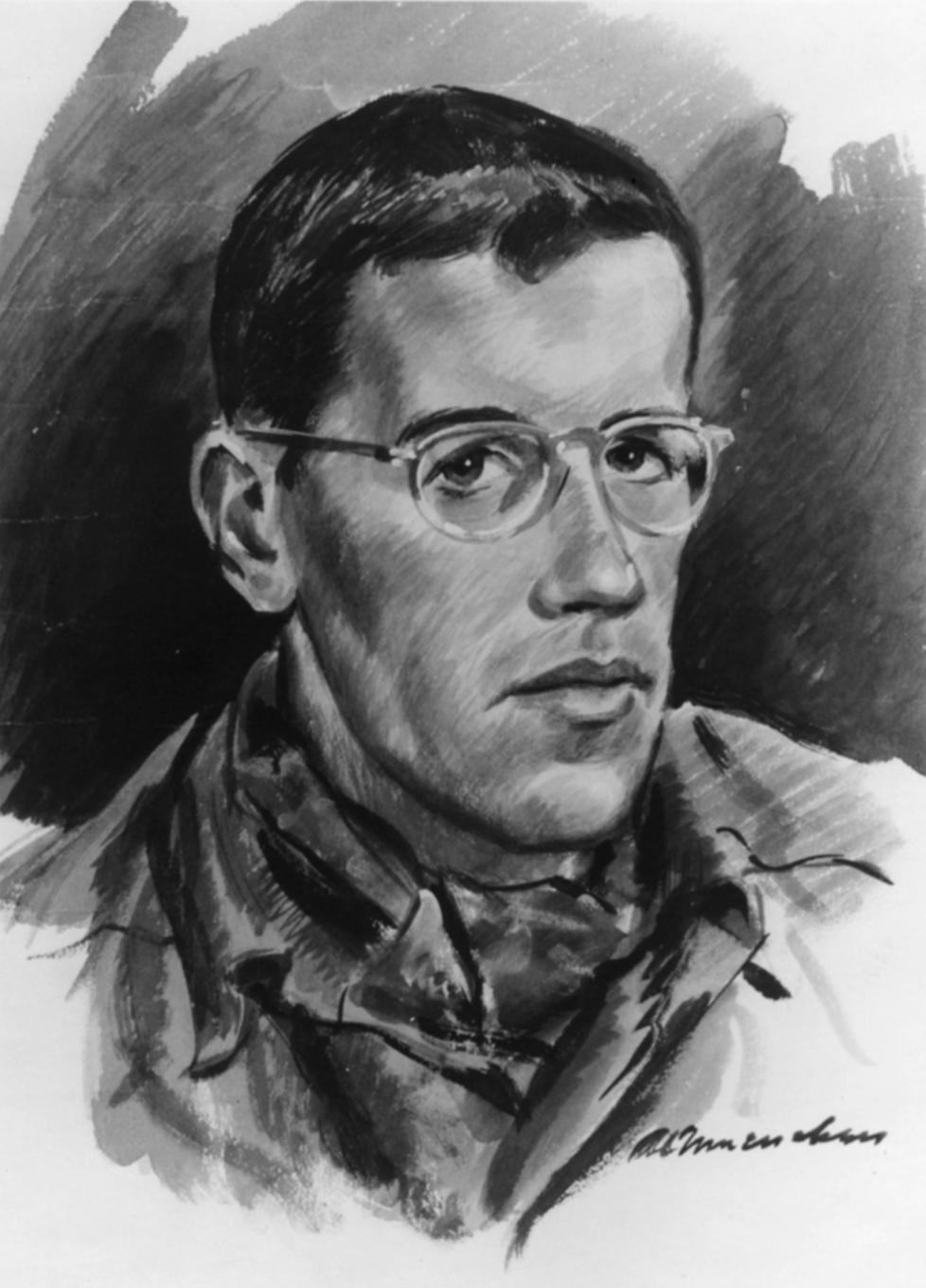 Fred Fox '39, who starred in Triangle shows at Princeton, put his theatrical skills to use in World War II with the 23rd Headquarters Special Troops, a unit that aimed to mislead the Germans. This wartime portrait was created by an unnamed artist.