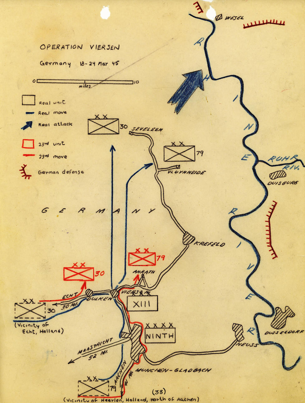 This hand-drawn map, providing a basic overview of Operation Viersen near the Rhine, is part of the Official History of the 23rd Headquarters Special Troops. Fox wrote the history after the end of the war in Europe.