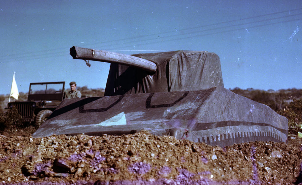 Dummy tanks like this one were part of the ruse set by the 23rd Headquarters "Ghost Army," giving the appearance of Allied installations.