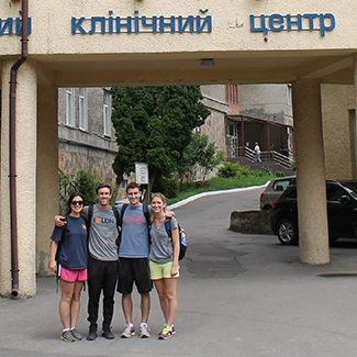 Mark OâConnell â14, second from left, with friends and fellow volunteers at Ukraineâs Military Medical Clinical Center of the Western Region. (Courtesy Mark OâConnell)