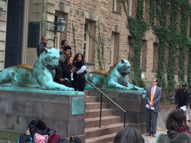 President Eisgruber â83, right, listens to the demands of the Black Justice League. (PAW/W. Raymond Ollwerther â71)