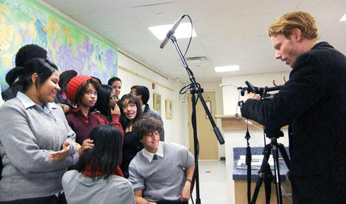Geiseler with students at Cristo Rey High School in Harlem.