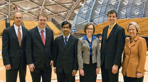  President Tilghman, right, and graduate school dean William Russel, left, with students honored on Alumni Day: From left are Jacobus Fellowship recipients Joseph Moshenska, Vaneet Aggarwal, and Melinda Baldwin; and Pyne Prize winner Connor Diemand-Yauman