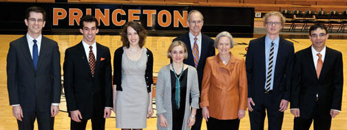 From left, Jacobus winner Noam Lupu, Pyne Prize winners Alex Rosen ’11 and Amelia Thomson-DeVeaux ’11, and Jacobus winners Giada Damen, Marcus Hultmark, and Silviu Pufu ’07 with President Tilghman, third from right, and dean of the graduate school W