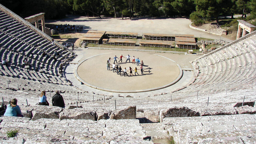 LIVE.Arts_GreekPlay.jpg Students, singing “Old Nassau” at Epidaurus in Greece, traveled to the ancient theater to inspire their work on a Greek tragedy to be performed next fall in the Berlind Theatre.