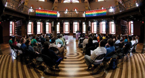 Rainbow banners enliven Chancellor Green at the May 9 “lavender graduation” for lesbian, gay, bisexual, and transgender students.