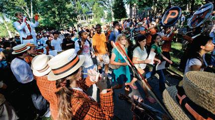 Freshmen march in the annual Pre-rade to the sounds of the University Band.