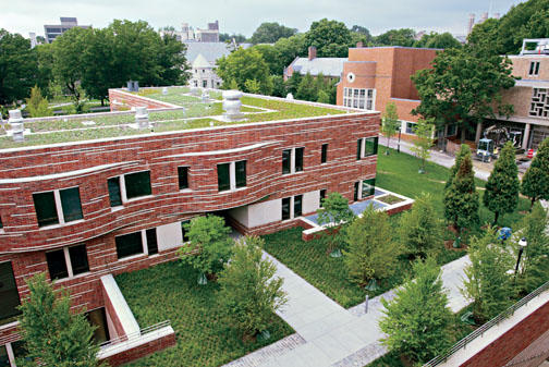 The green roof of Dormitory A, with Wu Hall at right. Whitman College’s Community Hall is at top, center.