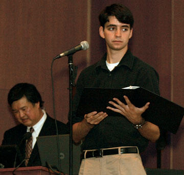 Judge Denny Chin '75, left, and Ben Cogan, '12, during a reenactment of the trial of Minoru Yasui.