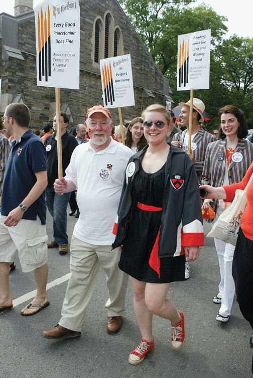 LIVE.NB_GradReport7559.jpg Douglas Bailey *72 and his daughter Kat ’10 march in the 2010 P-rade. A new report says that campus events held at times other than Reunions may be more appealing to graduate alumni.