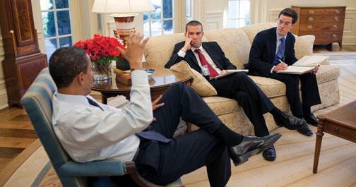 Adam Frankel '03, right, meeting at the White House with chief speechwriter Jon Favreau and President Barack Obama.