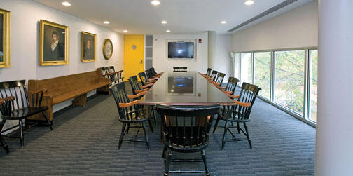 The James Madison Room in Whig Hall has energy-­efficient recessed lighting and a flat-screen television.